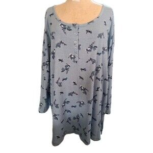 Roamans Women 2X 26/28 Thermal Waffle Henley Tunic Long Sleeve Shirt Blue Floral